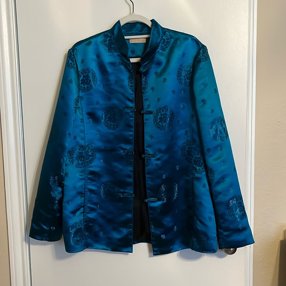 Kate Hill Cerulean Blue Chinese Style Lined Satin Blazer Jacket Size Large